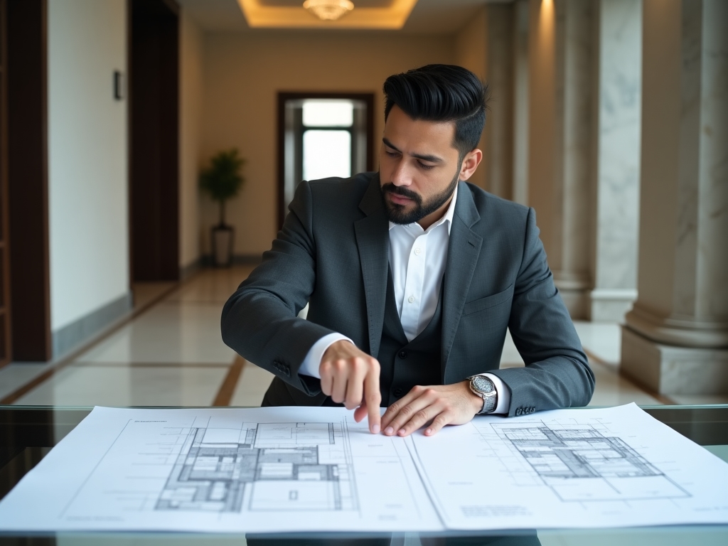 Profesional revisando planos de construcción